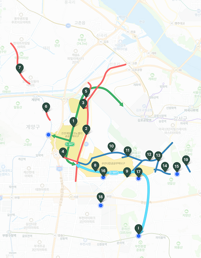 광역교통계획도, 주요 철도 노선 및 BRT 노선, 도로 개선 내용을 포함한 지도